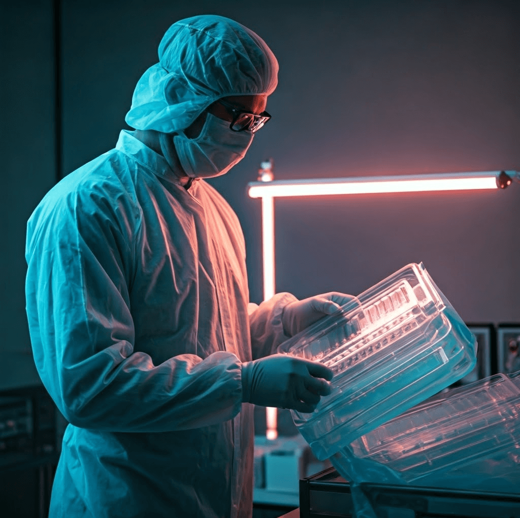 Man in a clean environment is packing transparent trays