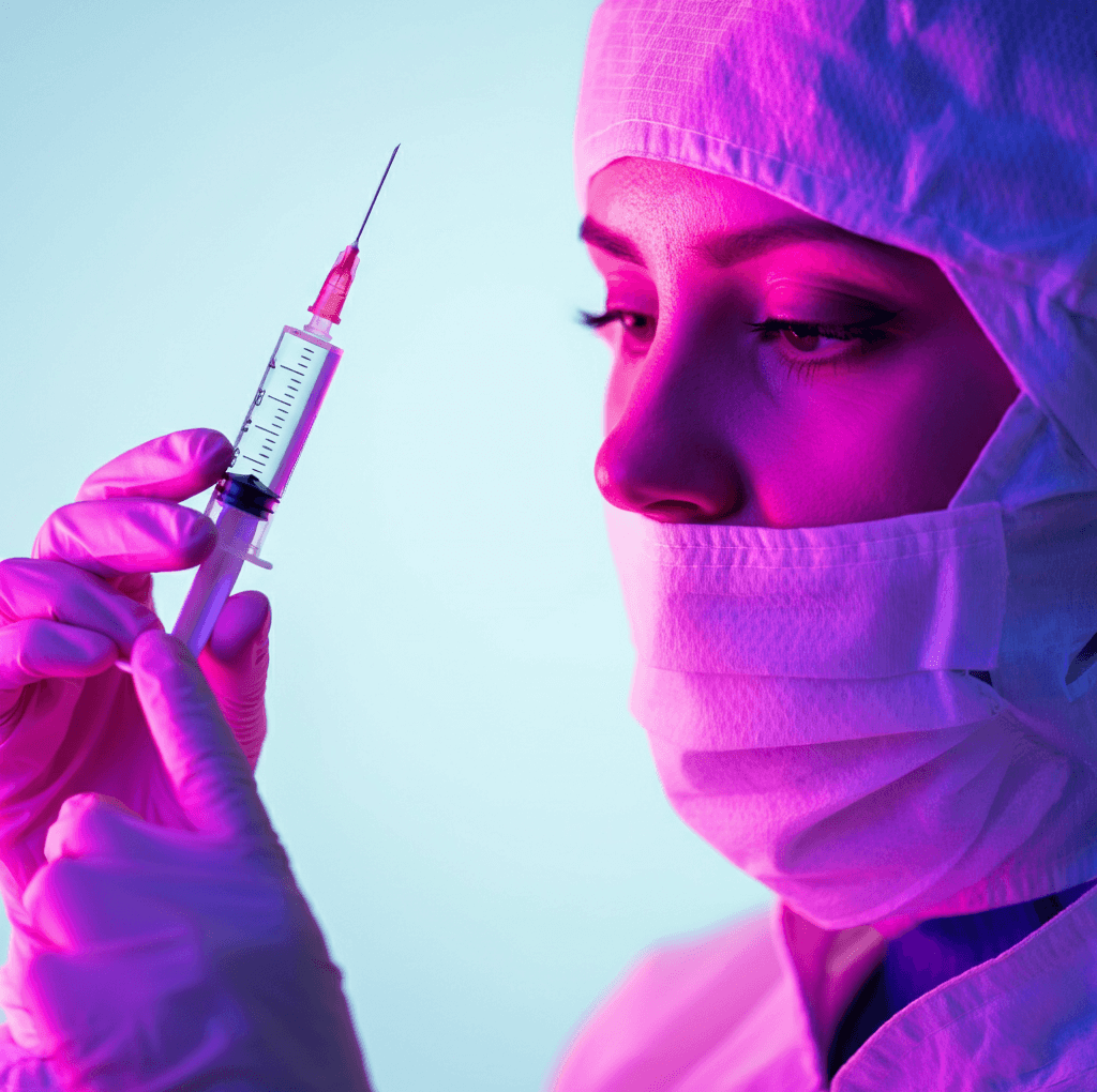 Woman in a clean environment is inspecting a syringe